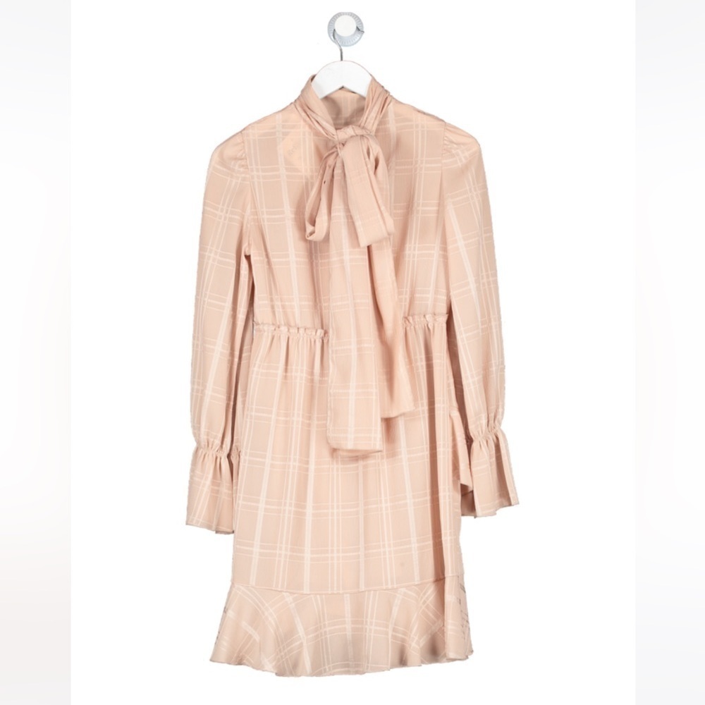 See By Chloè Georgette Check Ascot Tie Ruffle Flouncy Dress Smoky Pink - Picture 13 of 14